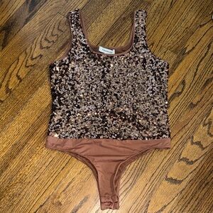 Francesca's Collections Sequin Bodysuit in Bronze